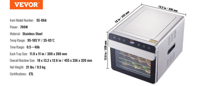 6-Tray Stainless Steel Food Dehydrator – 700W Electric Dryer with Timer & Temperature Control - stirhaus