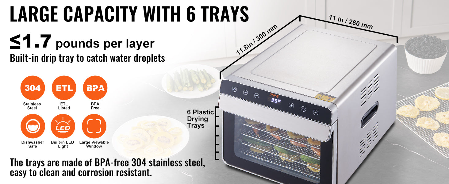6-Tray Stainless Steel Food Dehydrator – 700W Electric Dryer with Timer & Temperature Control - stirhaus