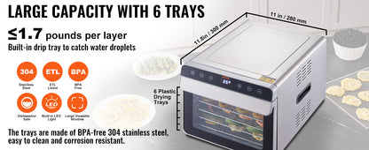 6-Tray Stainless Steel Food Dehydrator – 700W Electric Dryer with Timer & Temperature Control - stirhaus